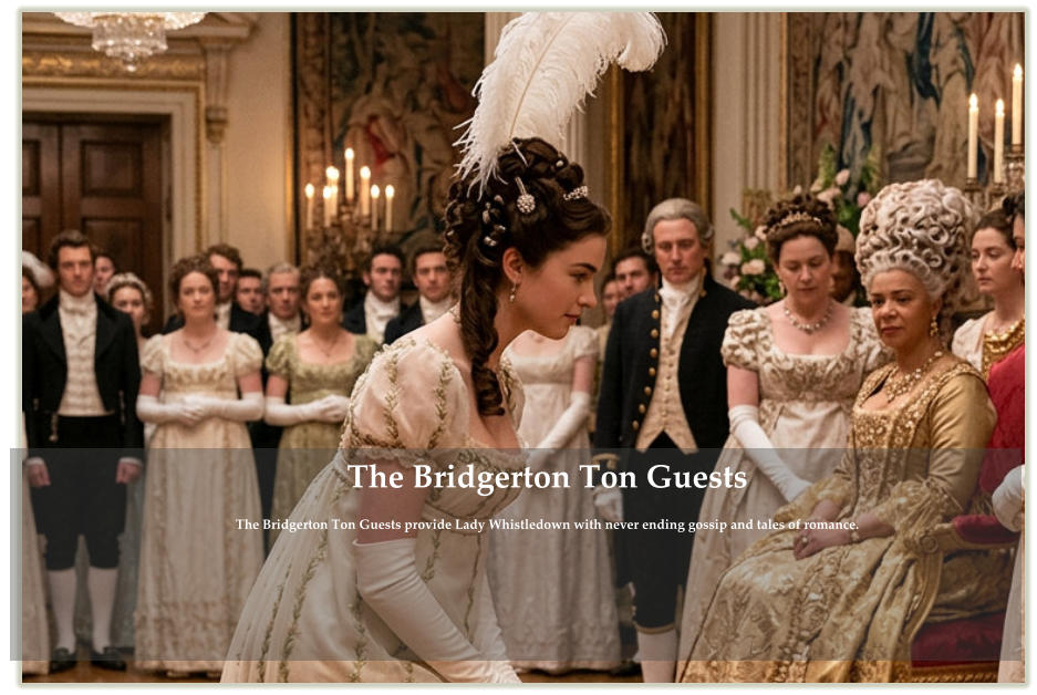 The Bridgerton Ton GuestsThe Bridgerton Ton Guests provide Lady Whistledown with never ending gossip and tales of romance.